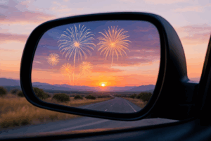 Retrovisor d’un cotxe com a metàfora de revisar els KPIs financers del negoci